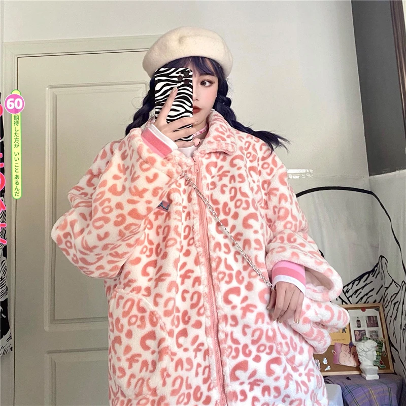 

Winter Harajuku Pink Lamb Wool Loose Thick Cotton Woolen Jacket + Bag Hat 2020
